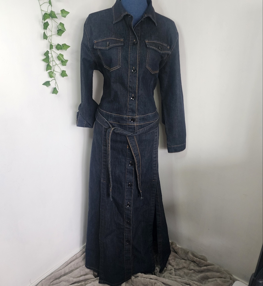 Thrill Dark Blue Denim Maxi Dress Button Down with Front Slits